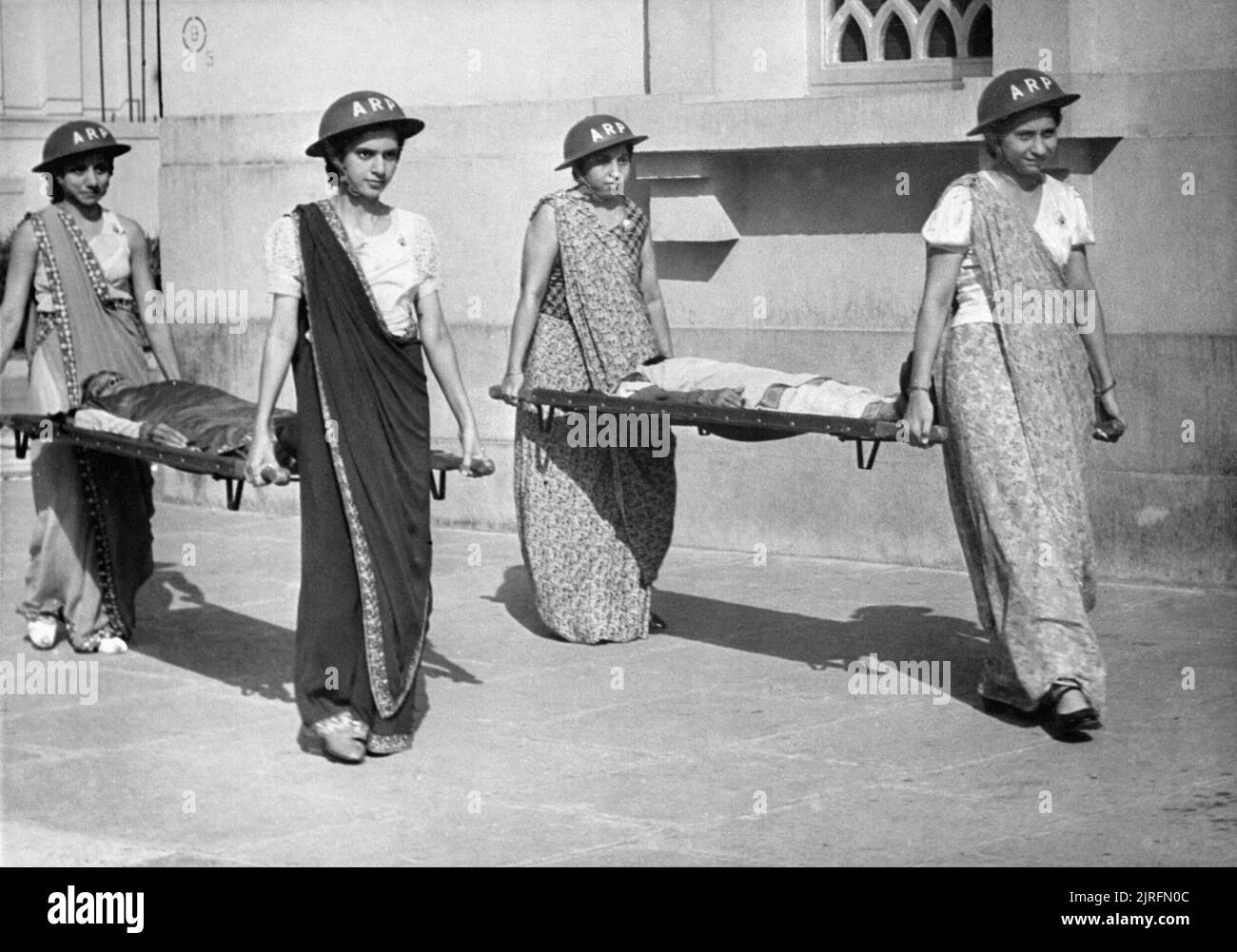 Indian women training for air raid precautions (ARP) duties in Bombay, 1942. Indian women training for air raid precautions (ARP) duties in Bombay. Stock Photo