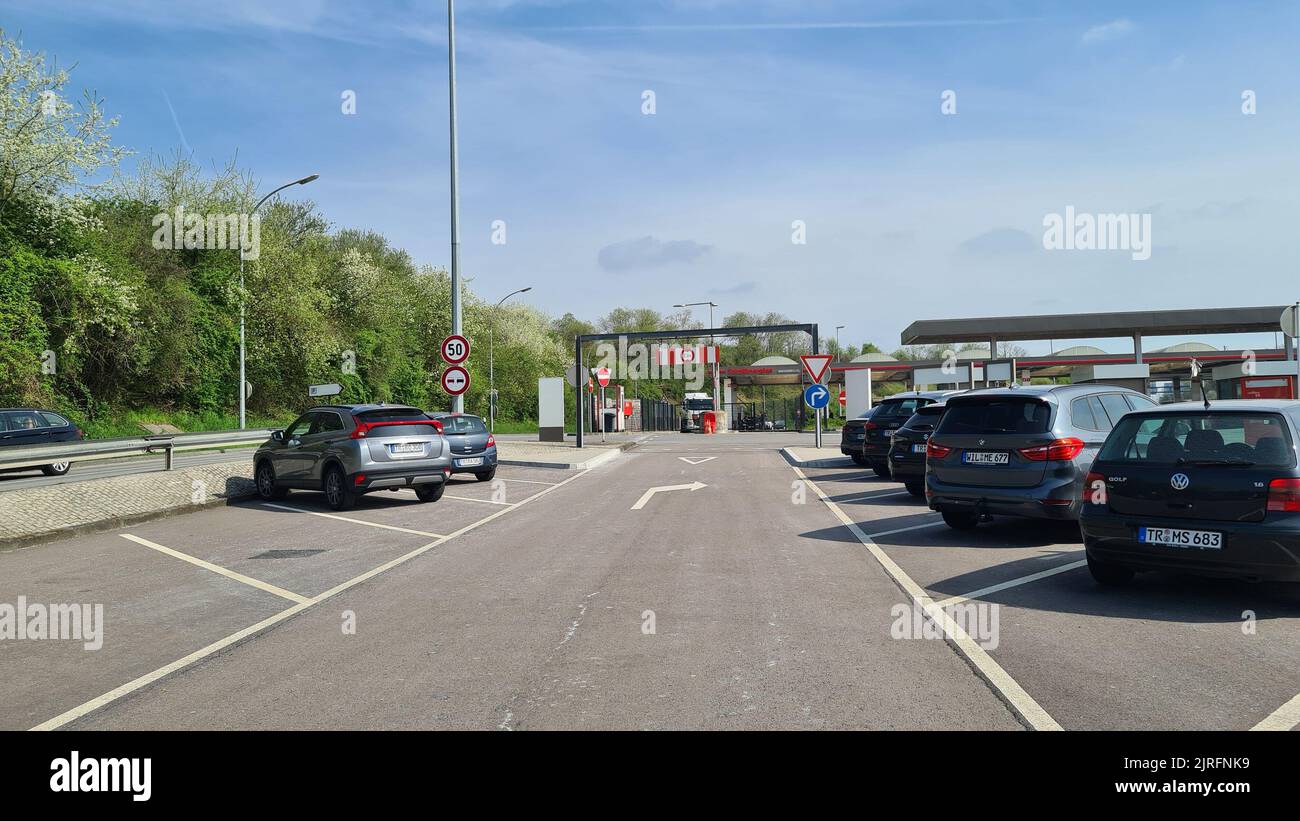 WASSERBILLIG, LUXEMBOURG - APRIL 15, 2022: Wasserbillig, Luxembourg - April 15, 2022: Former border crossing from Germany to Luxembourg. View of the l Stock Photo
