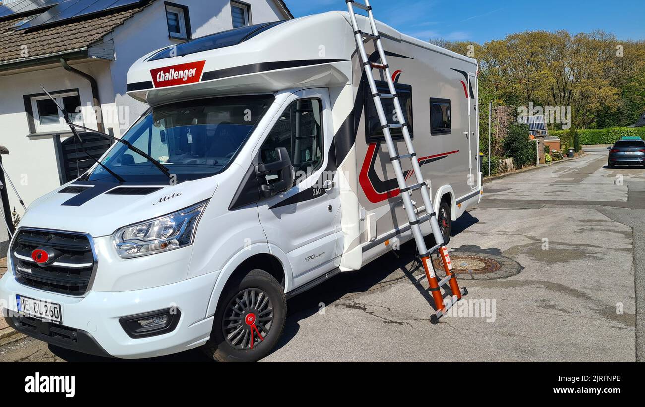 HEILIGENHAUS, NRW, GERMANY - APRIL 19, 2022: Heiligenhaus, Nrw, Germany - April 19, 2022: Motorhomes and campers for sale or rent. Concept freedom, fa Stock Photo