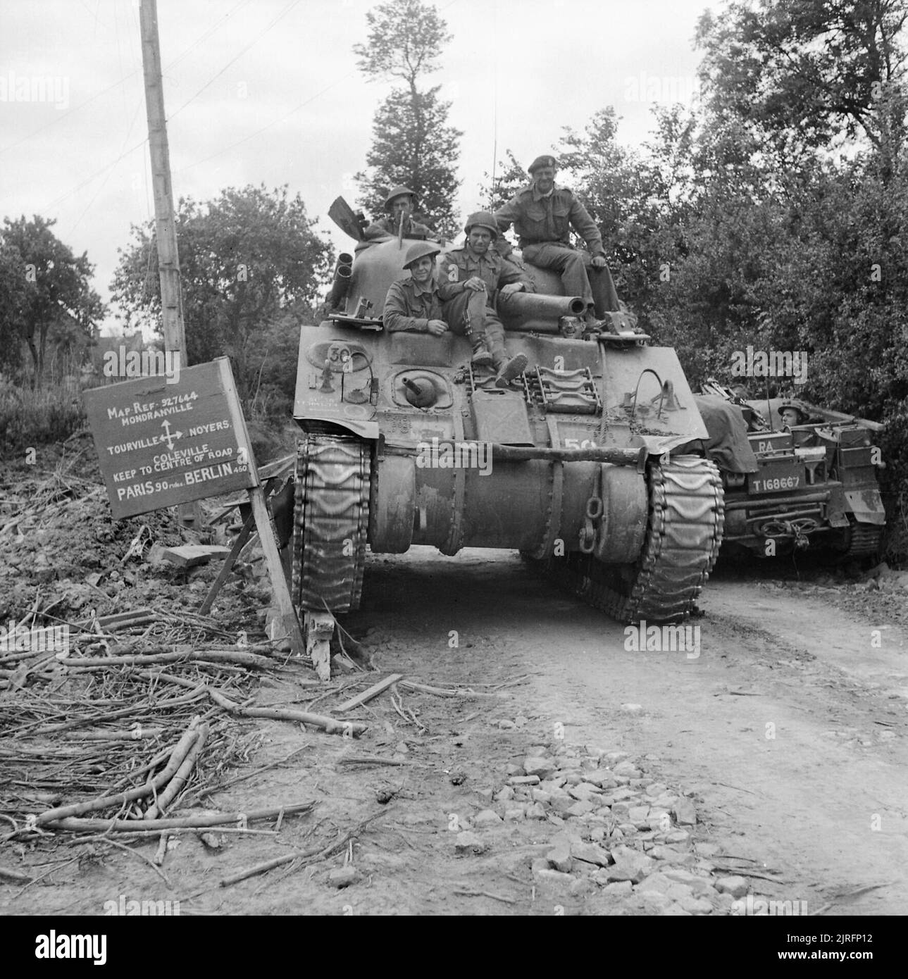 Sherman tank of 29th Armoured Brigade, 11th Armoured Division, in Normandy, 11 July 1944. A Sherman tank of 29th Armoured Brigade, 11th Armoured Division, 11 July 1944. Stock Photo