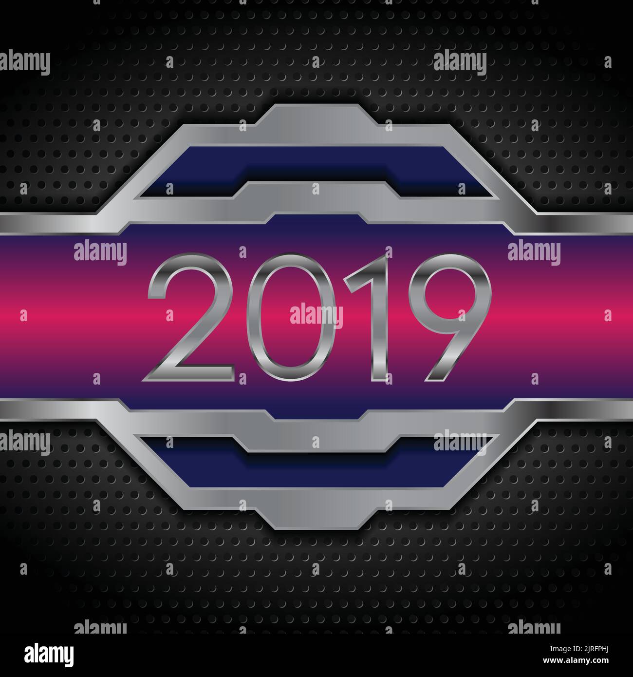 Metallic tech 2019 New Year design on perforated background. Vector illustration Stock Vector