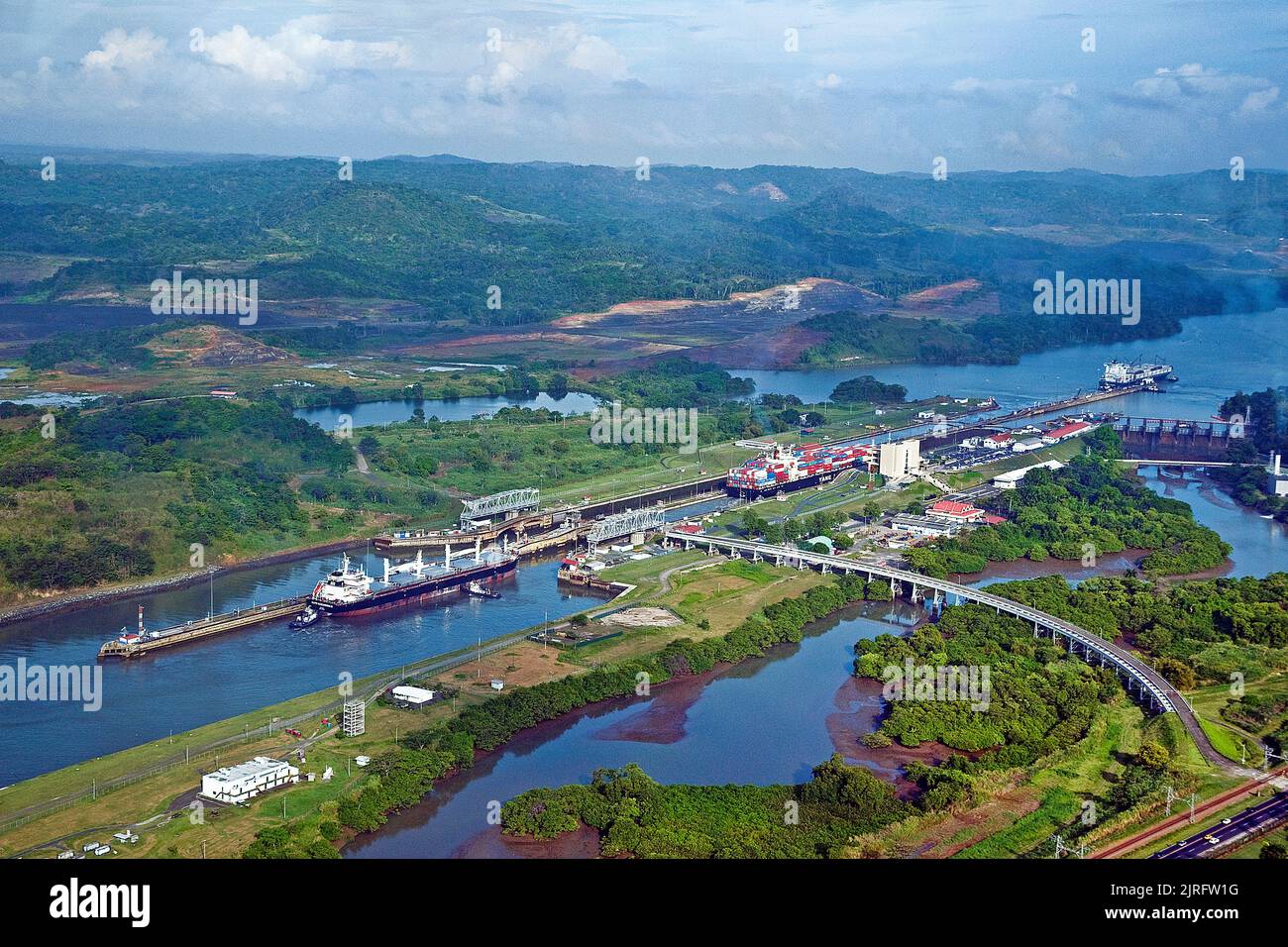 Miraflores floodgate on Panama Canal, most important artificial water way in the word, which connect the Atlantic ocean with the Pacific ocean, Panama Stock Photo