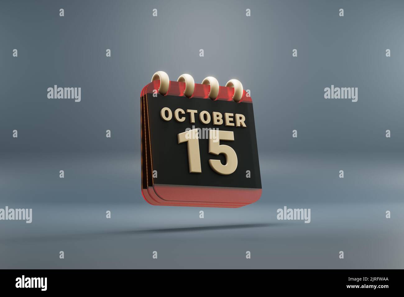 Standing black and red month lined desk calendar with date October 15. Modern design with golden elements, 3d rendering illustration. Blue gray backgr Stock Photo