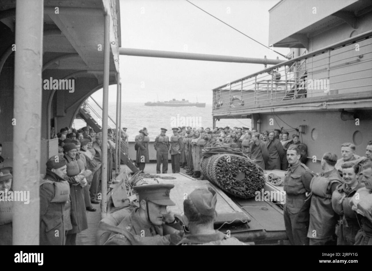 The British Army in Norway April - June 1940 Troops on board the liner LANCASTRIA en route for England from Norway. Stock Photo