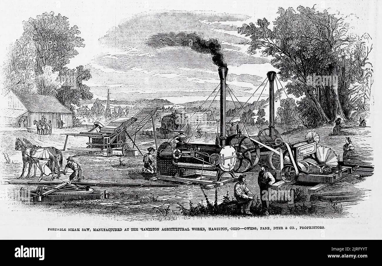 Portable steam saw, manufactured at the Hamilton Agricultural Works, Hamilton, Ohio - Owens, Fane, Dyer and Co., proprietors (1860). 19th century illustration from Frank Leslie's Illustrated Newspaper Stock Photo