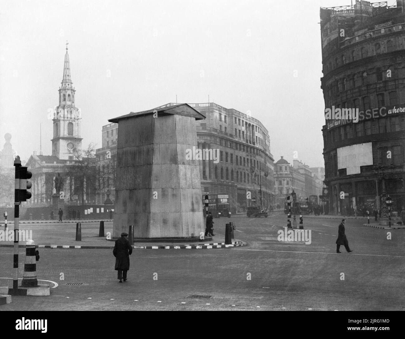 The corrugated metal structure erected to protect the statue of King Charles I in Trafalgar Square, London, 1939. The corrugated metal structure erected to protect the statue of King Charles I in Trafalgar Square, London, 1939. Stock Photo