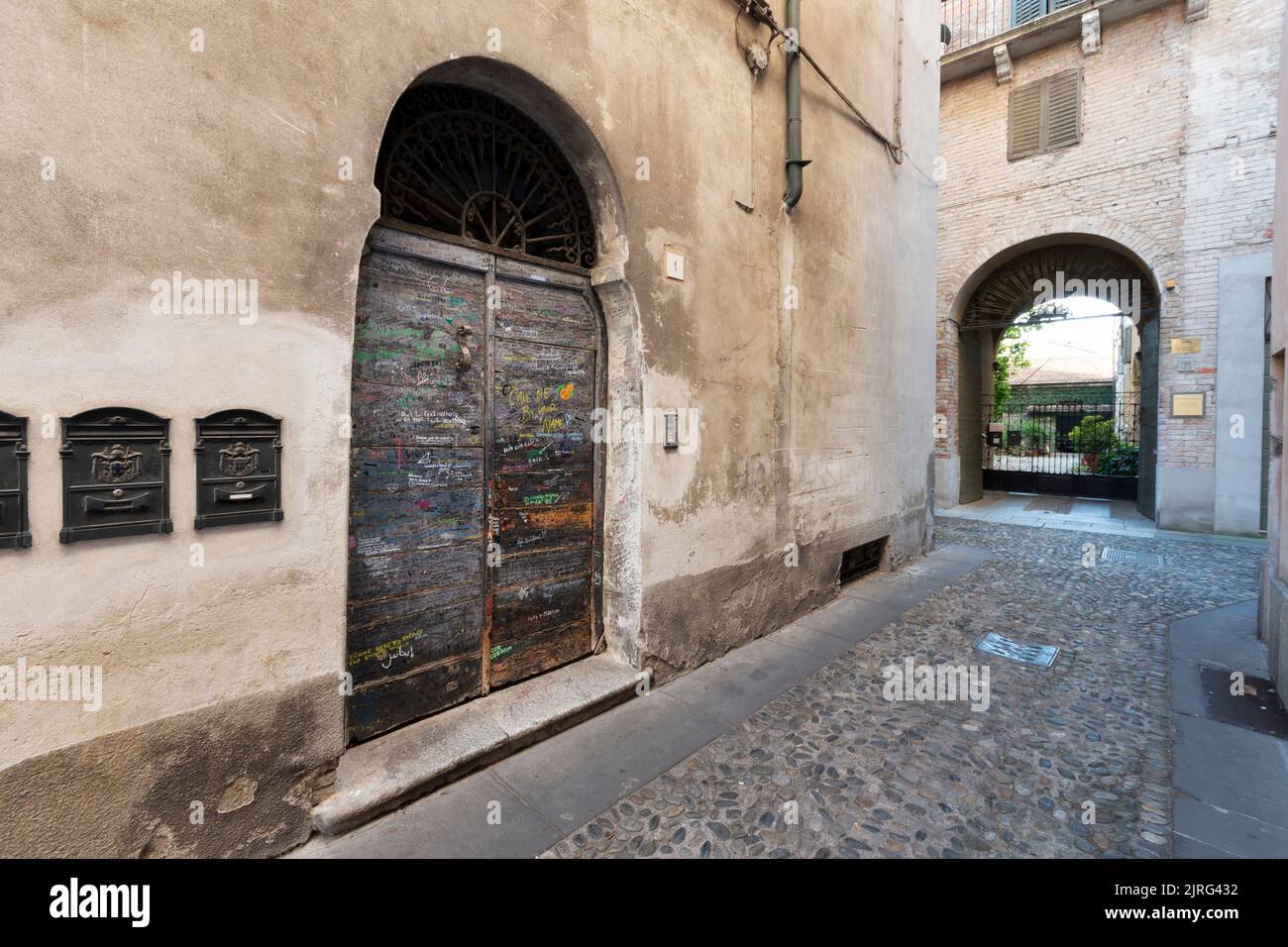 Italy, Lombardy, Crema, Old Door Used by Director Luca Guadagnino for the Scene of the Film Call Me By Your Name Stock Photo