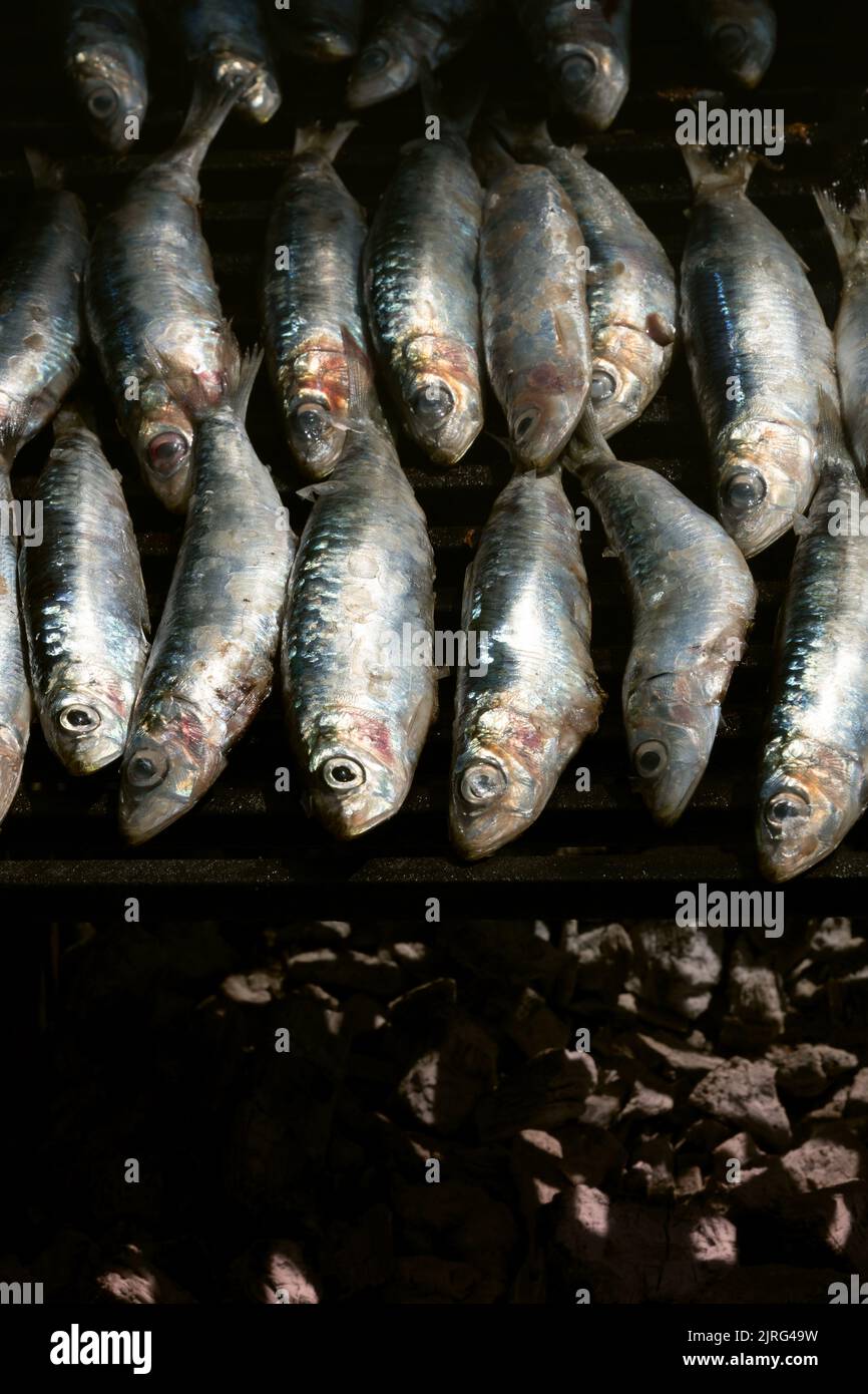 Closeup overhead shot of fresh sardines being cooked on wrought iron grill Stock Photo Alamy