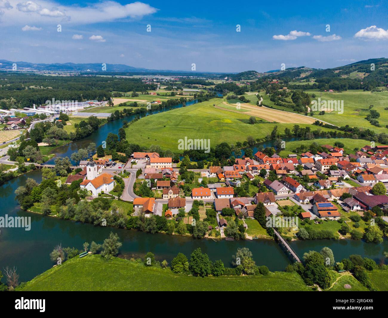 Kostanjevica na Krki Medieval Town Surrounded by Krka River, Slovenia, Europe. Aerial view. Stock Photo
