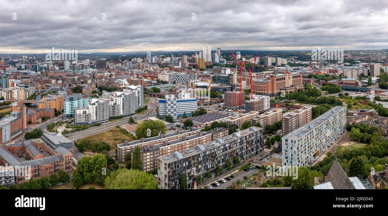 LEEDS, UK - AUGUST 24, 2022.  Aerial view of Leeds city cityscape including luxury apartment blocks at Robert's Wharf and financial district Stock Photo