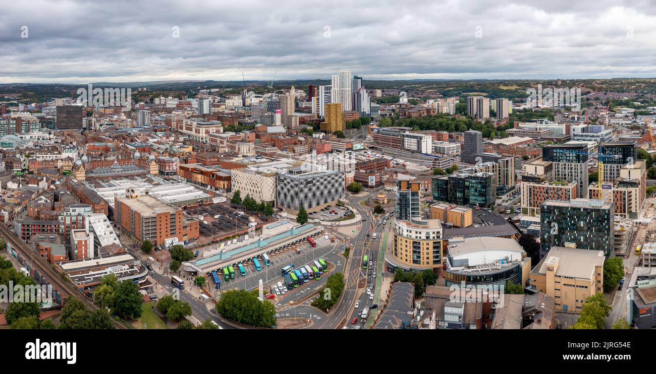 LEEDS, UK - AUGUST 24, 2022. Aerial view of Leeds city centre with bus station and transport links and Victoria shopping centre Stock Photo