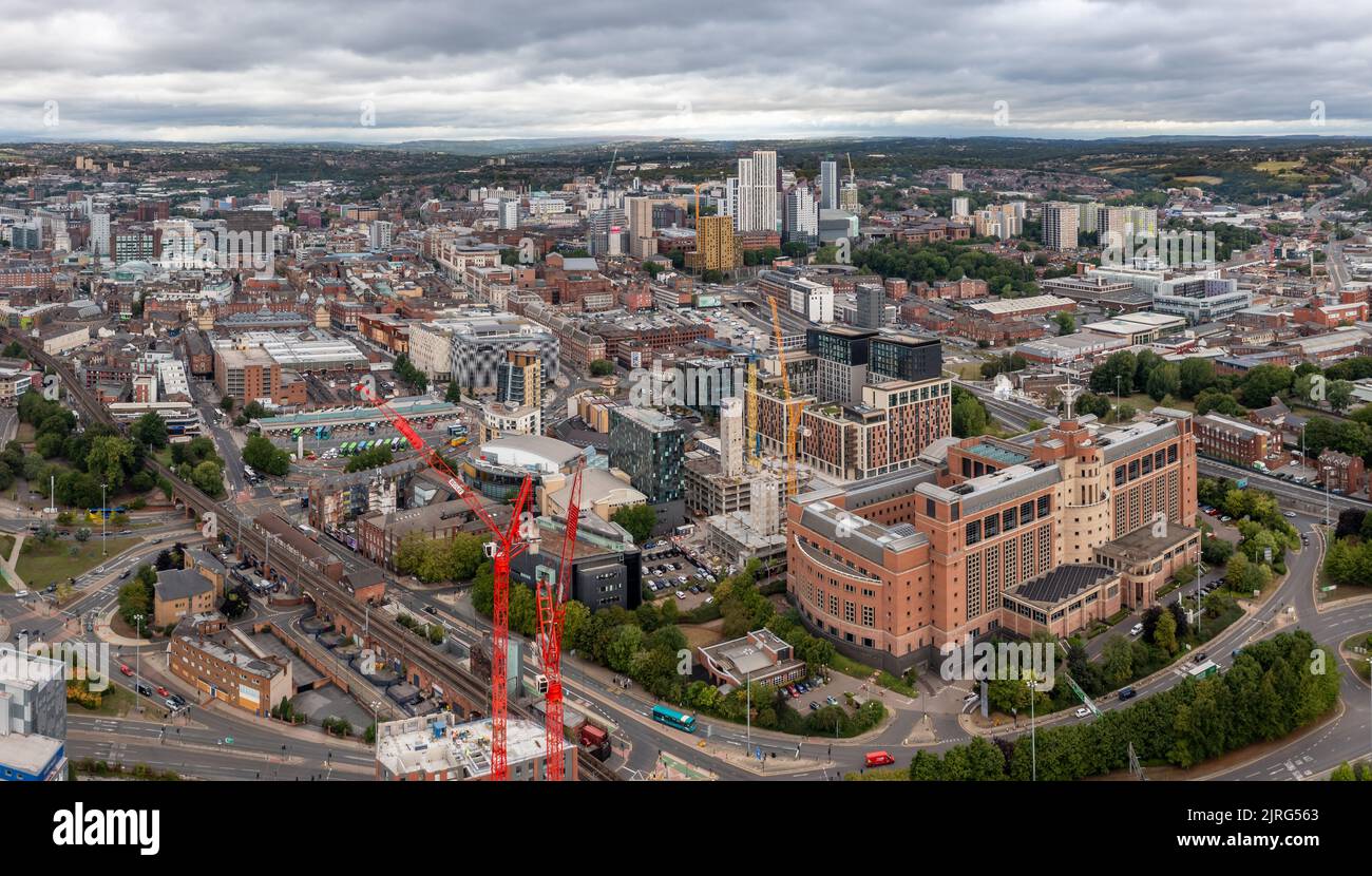 LEEDS, UK - AUGUST 24, 2022.  Aerial view of Leeds city skyline in West Yorkshire with Quarry House Government building and retail district Stock Photo