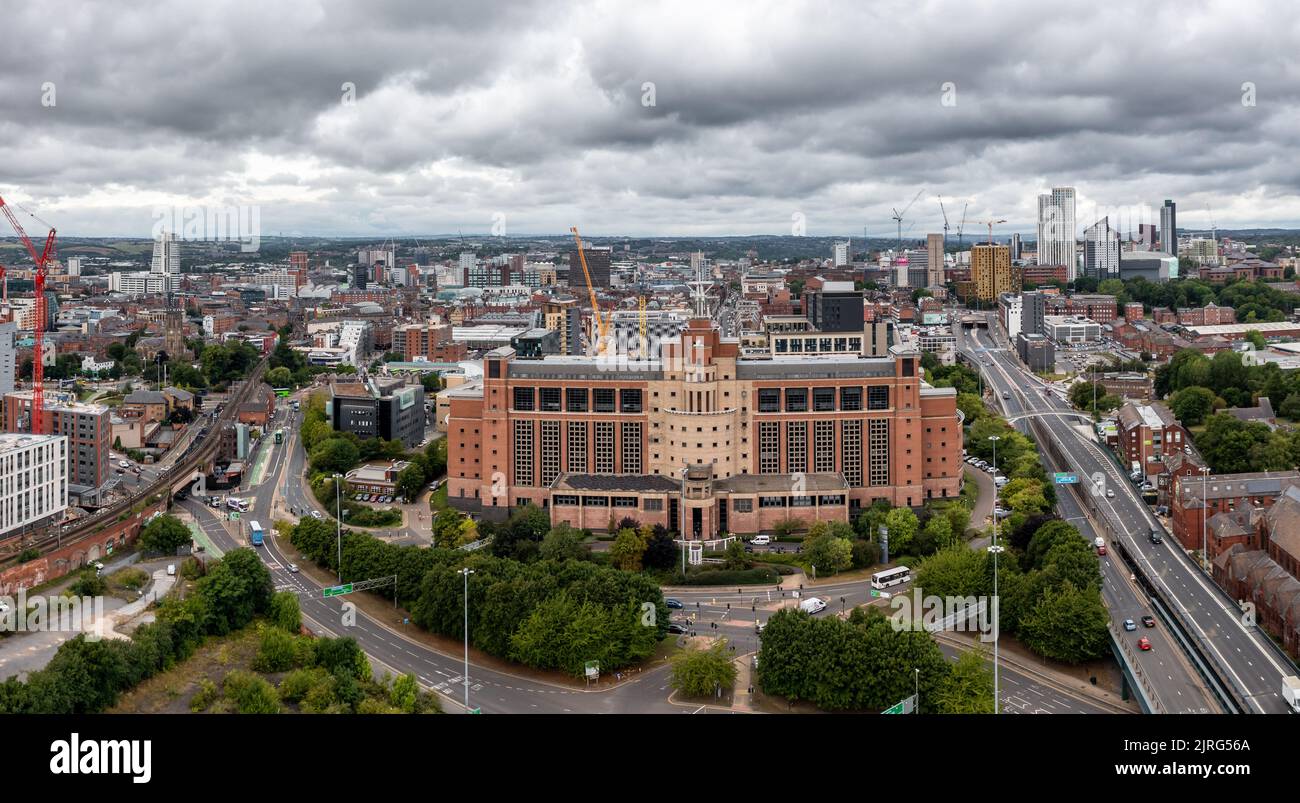 LEEDS, UK - AUGUST 24, 2022.  Aerial view of Quarry House Government building in Leeds, West Yorkshire Stock Photo