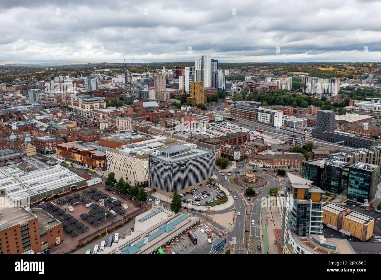LEEDS, UK - AUGUST 24, 2022. Aerial view of Leeds city centre retail districtwith bus station and transport links to Victoria shopping centre Stock Photo