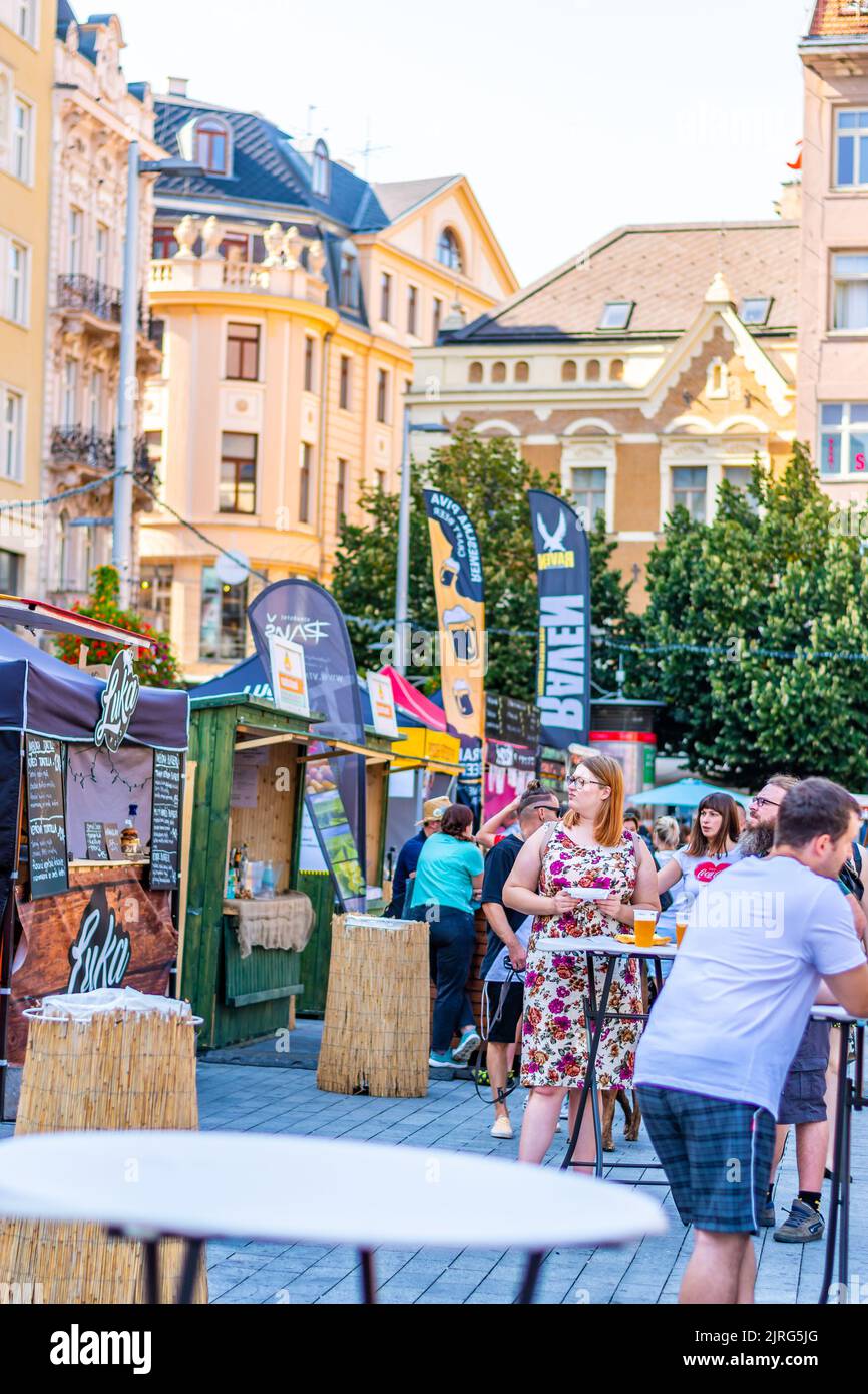 Brno, Czech republic - 12.9.2020: Peoples are visiting the beer celebration festival at Brno, Czech Republic. Beer to drink with some delicious food f Stock Photo