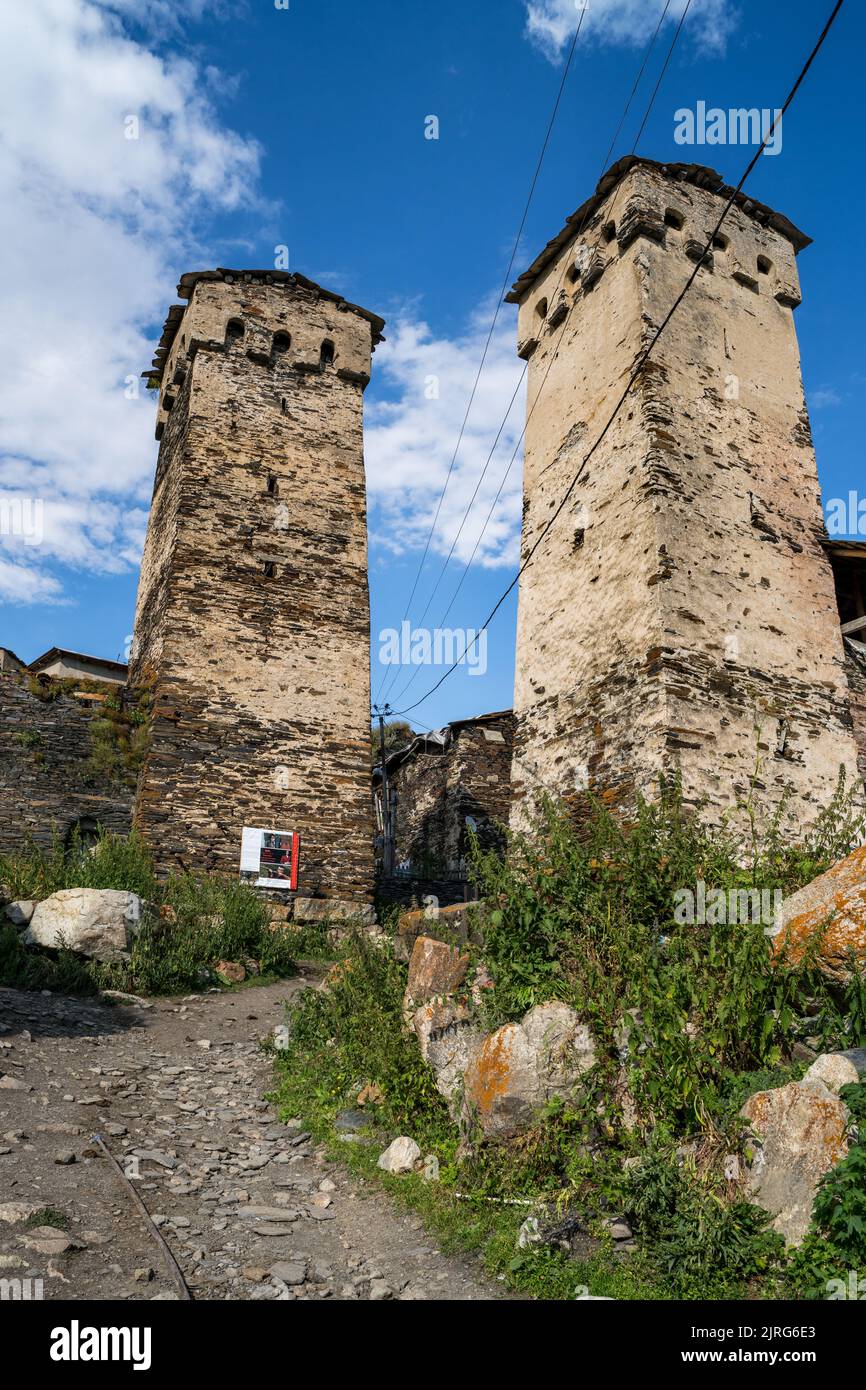 Traditinal Svan towers in Ushguli community (village Zhibiani) in Svaneti, Georgia Stock Photo