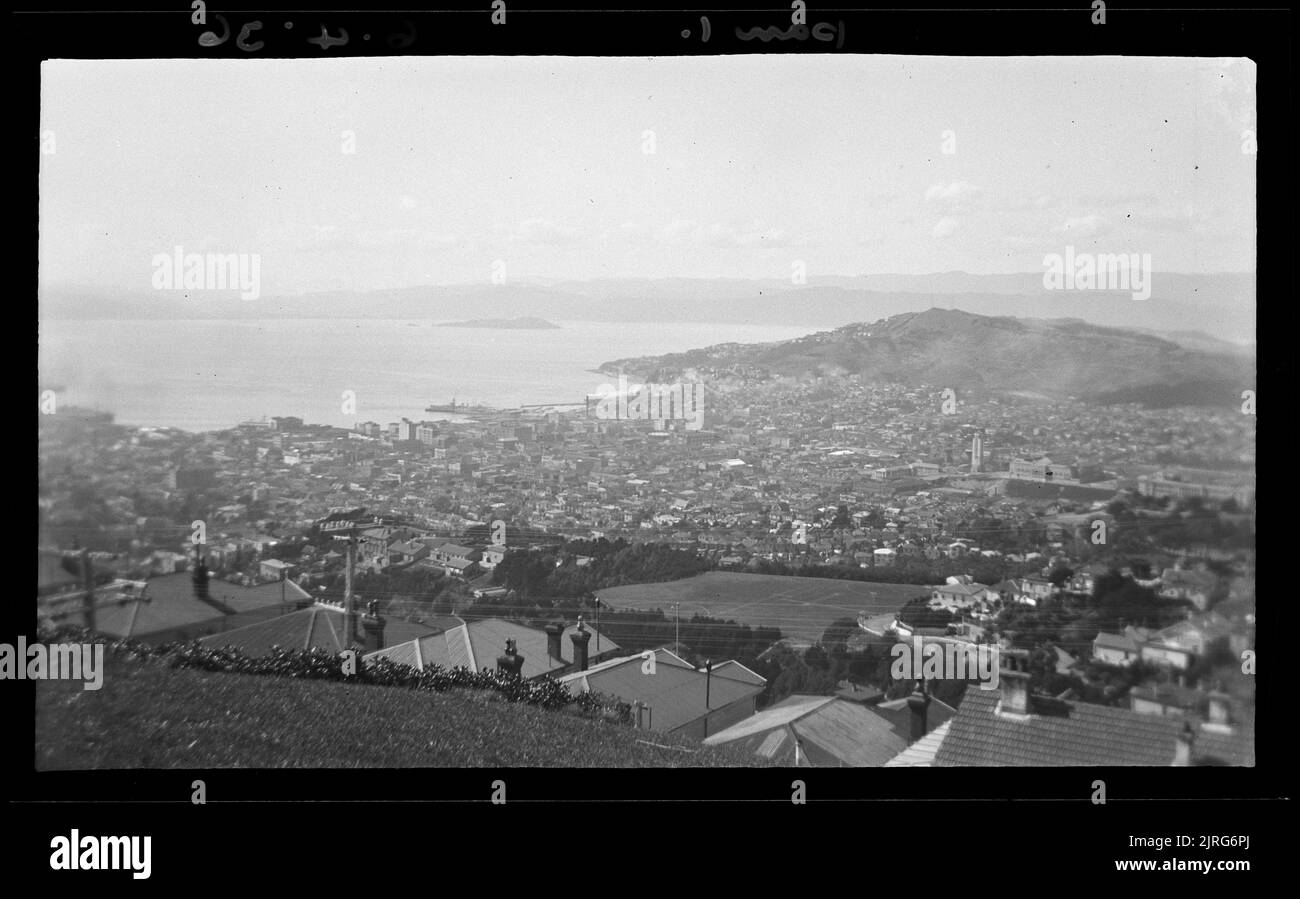 The city and harbour from Brooklyn part of the magnificent panorama from Karepa Street. Mount Victoria in middle distance on right - Part 2 , 06 April 1936, by Leslie Adkin. Gift of G. L. Adkin family estate, 1964. Stock Photo