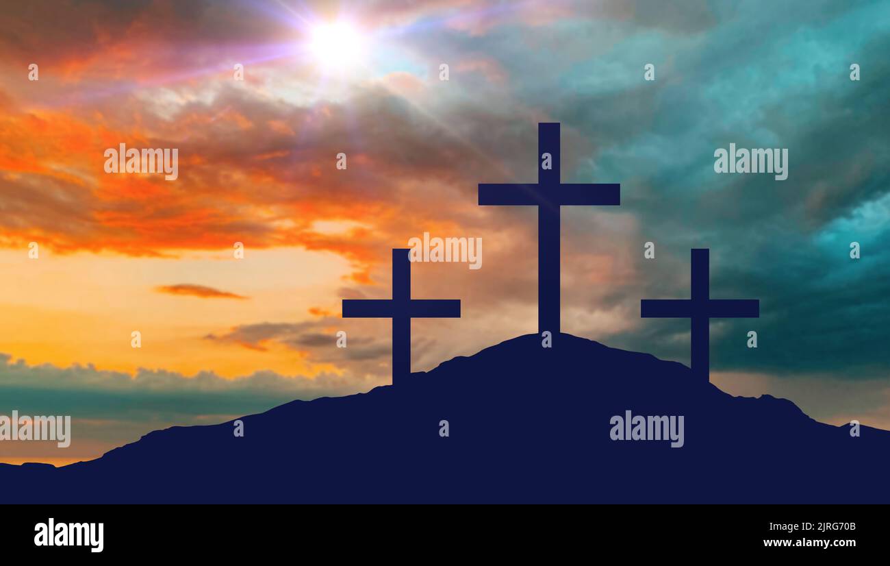 silhouettes of three crosses on calvary hill Stock Photo Alamy