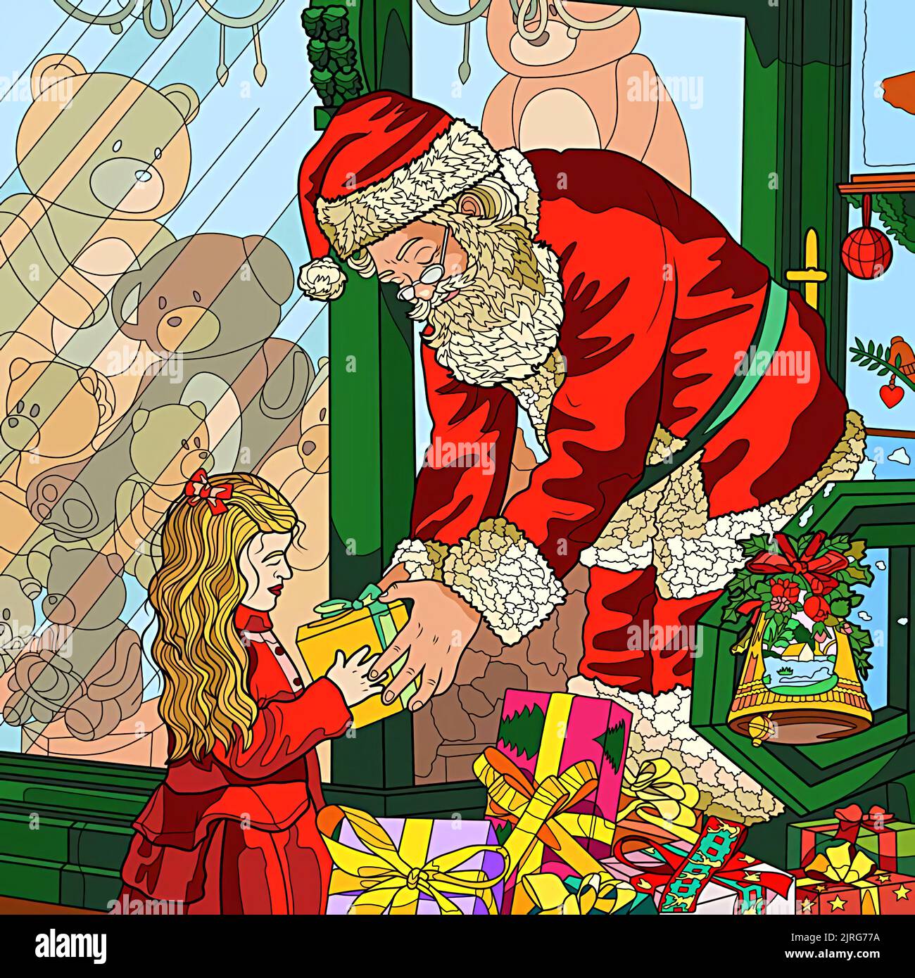 christmas illustration, santa claus giving a christmas present to a ...