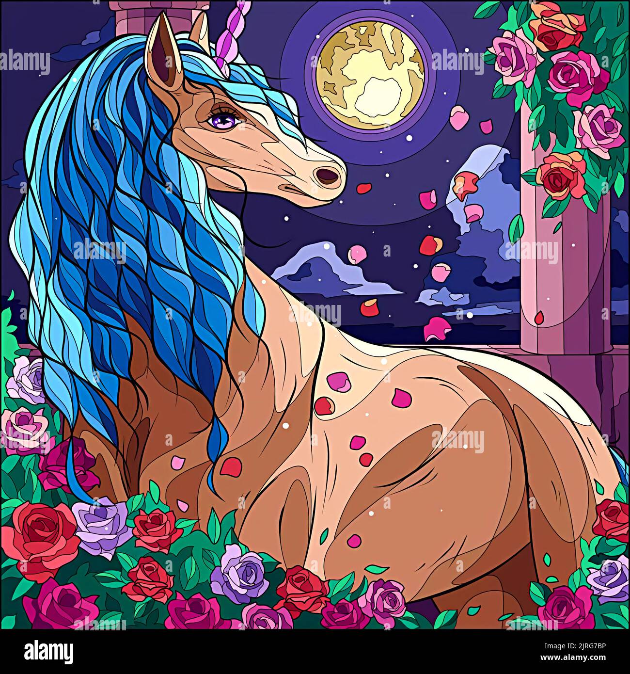 illustration of a unicorn and flowers on the background of the night ...