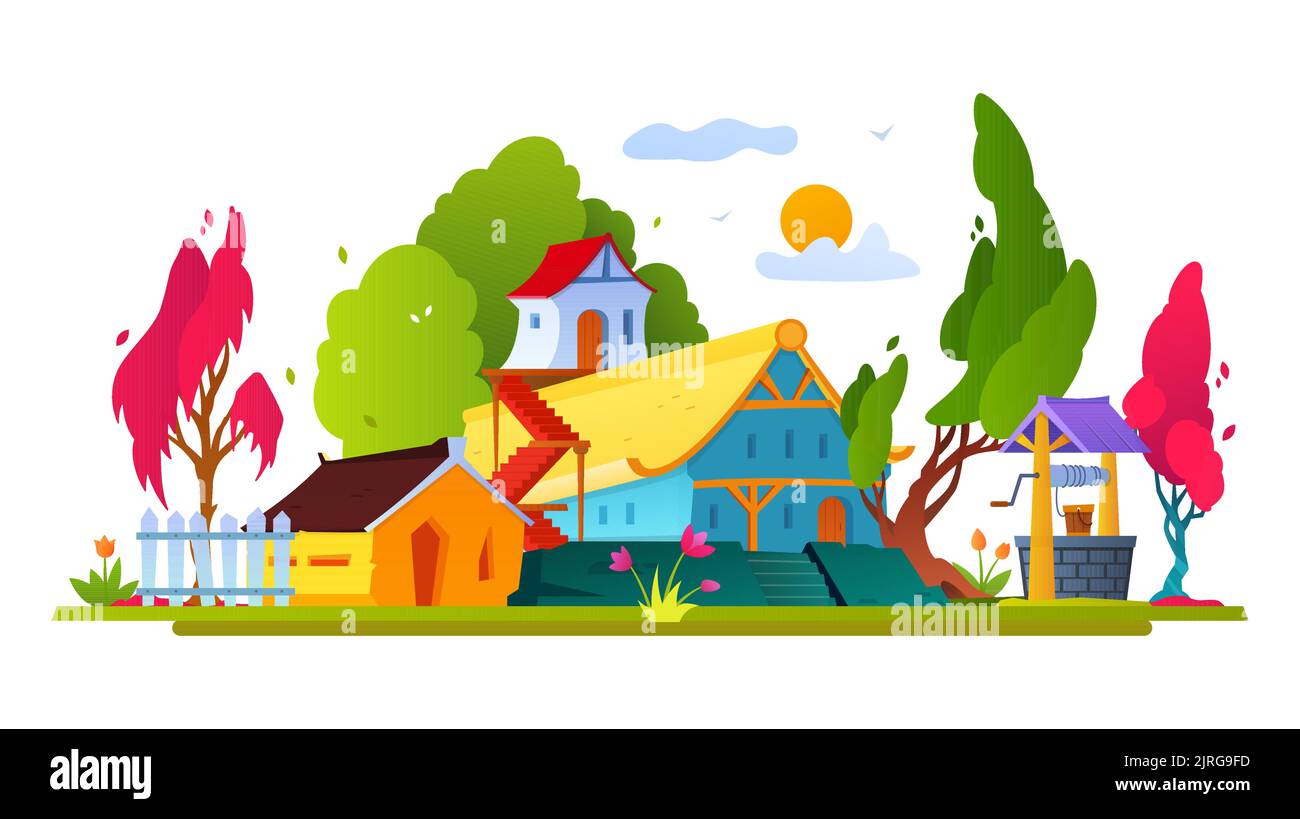 Medieval settlement and cathedral - modern flat design style ...