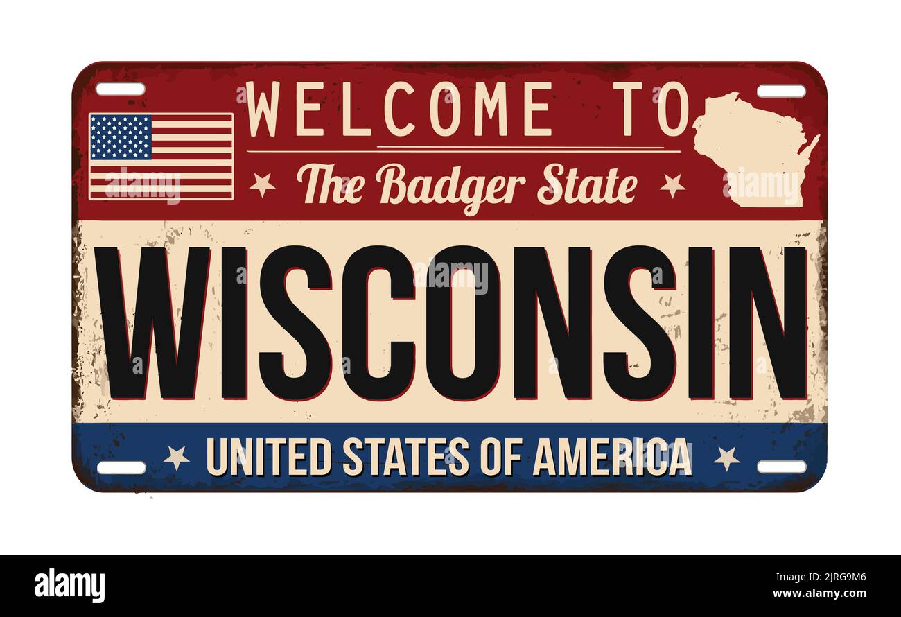 Welcome to Wisconsin vintage rusty license plate on a white background, vector illustration Stock Vector
