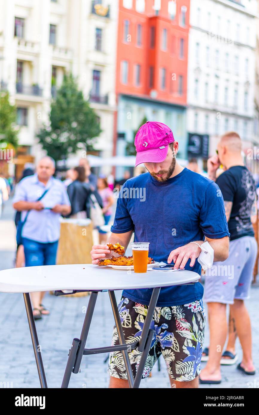 Brno, Czech republic - 12.9.2020: Peoples are visiting the beer celebration festival at Brno, Czech Republic. Beer to drink with some delicious food f Stock Photo