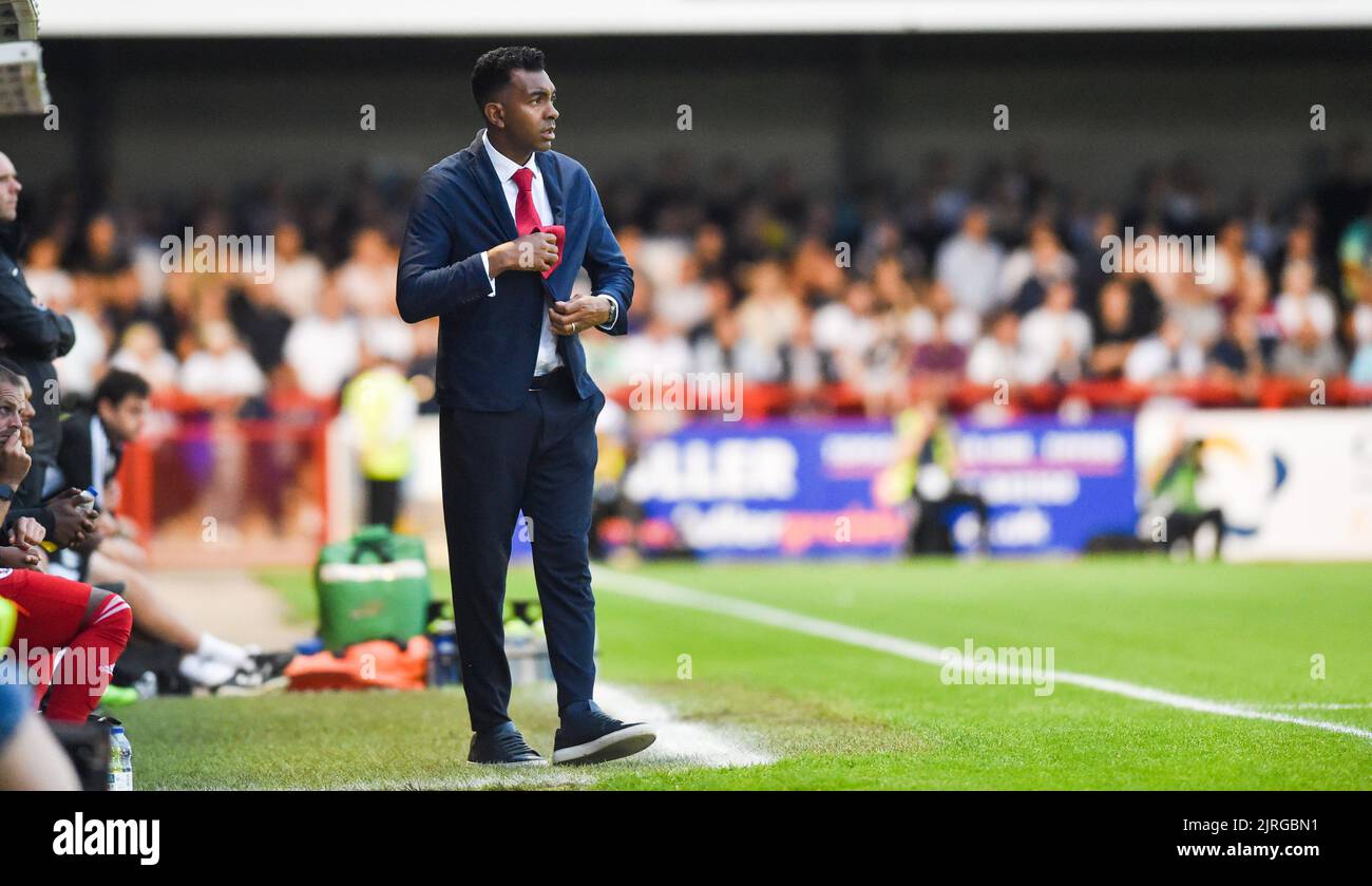 Crawley manager Kevin Betsy during the EFL Carabao Cup Round Two match between Crawley Town and Fulham at the Broadfield Stadium  , Crawley ,  UK - 23rd August 2022 Editorial use only. No merchandising. For Football images FA and Premier League restrictions apply inc. no internet/mobile usage without FAPL license - for details contact Football Dataco Stock Photo