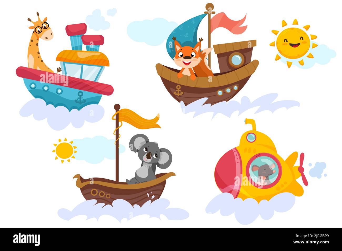 Set of cute childish animals sailing on maritime transport. Funny koala in sea boat, mouse in submarine, smiling fox in ship and giraffe in steamship. Cartoon baby captain characters in marine journey Stock Vector