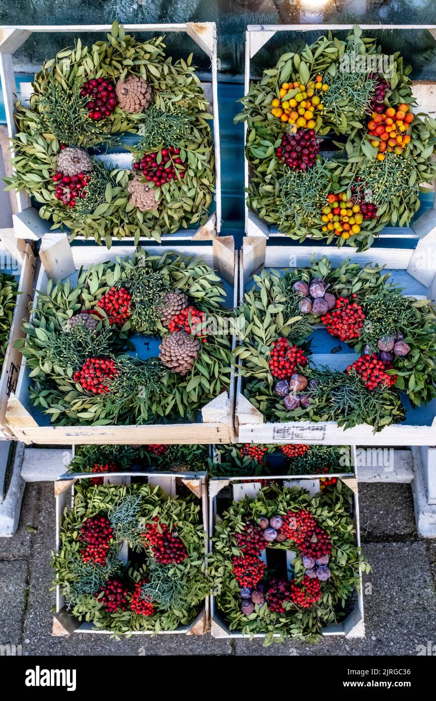 Christmas Wreaths For Sale Outside A Shop In The High Street Lewes Christmas wreaths for sale outside a shop in the high street lewes