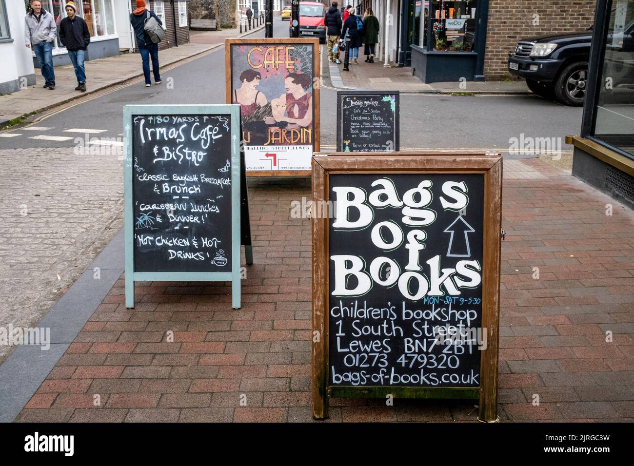 Shop Signs In The High Street, Lewes, East Sussex, UK. Stock Photo
