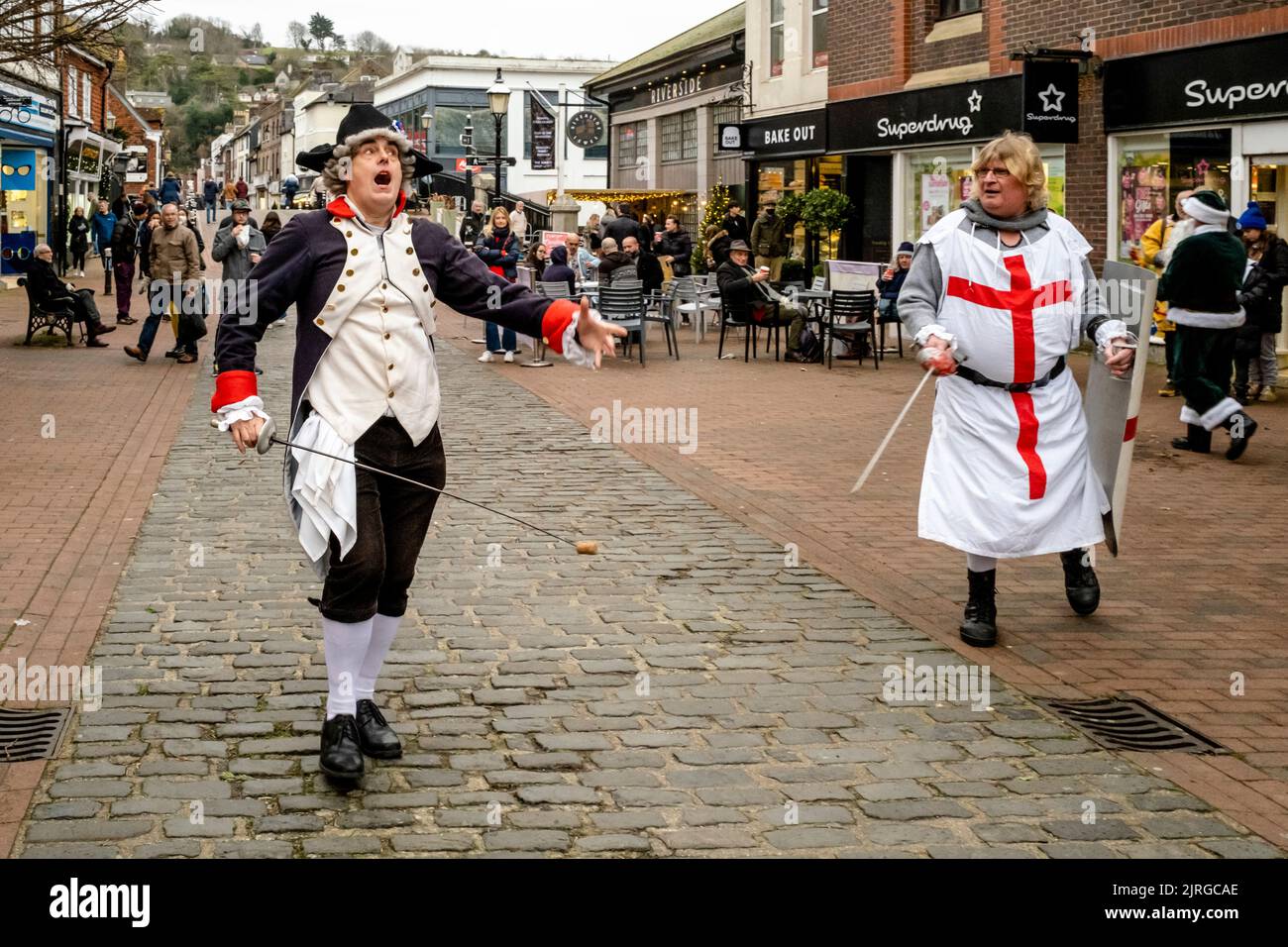 Sompting Village Morris Men Perform A Traditional Mummers Play In The High Street, Lewes, East Sussex, UK. Stock Photo