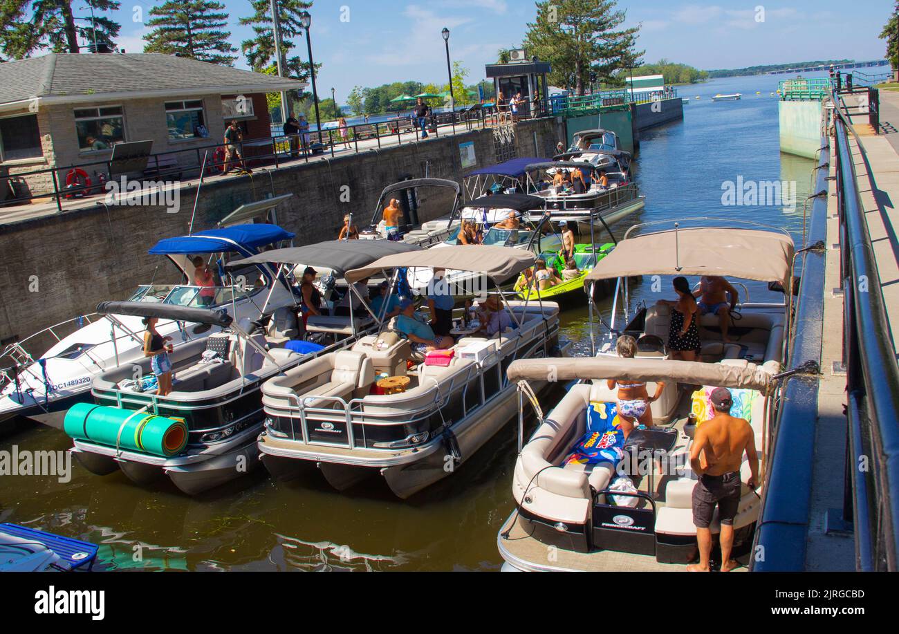 Leisure watercraft in historic lock Stock Photo