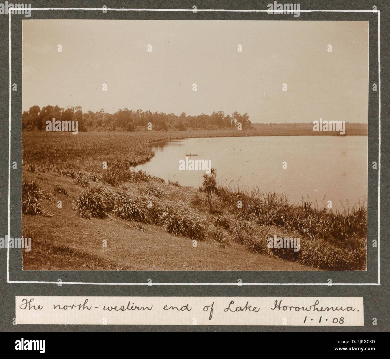 The north-western end of Lake Horowhenua, 1 January 1908. From the album: Family photographs [1907-1909], 1908, Levin, by Leslie Adkin. Stock Photo