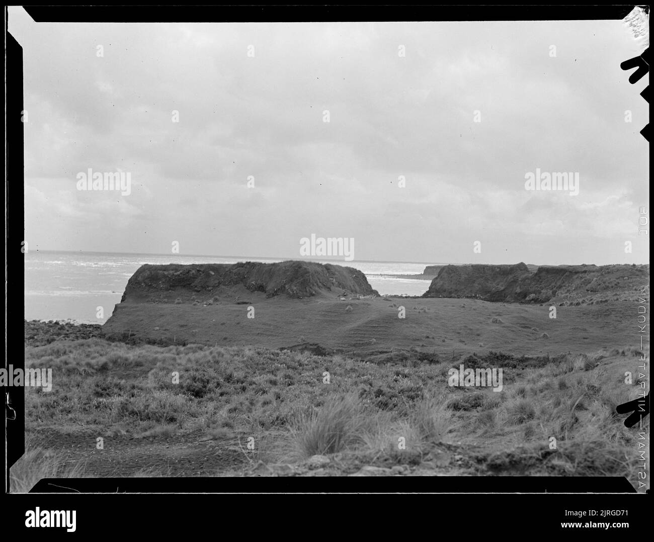 Coastal landscape scenery, New Plymouth trip, October 1938, Taranaki, by J.W. Chapman-Taylor. Stock Photo