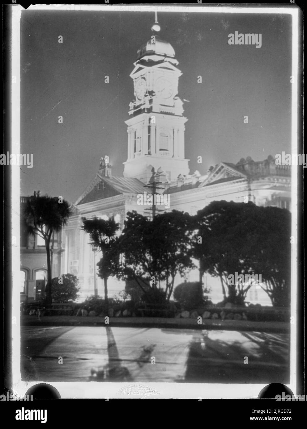Wellington Town Hall at night, 1940s, Wellington, by J.W. Chapman