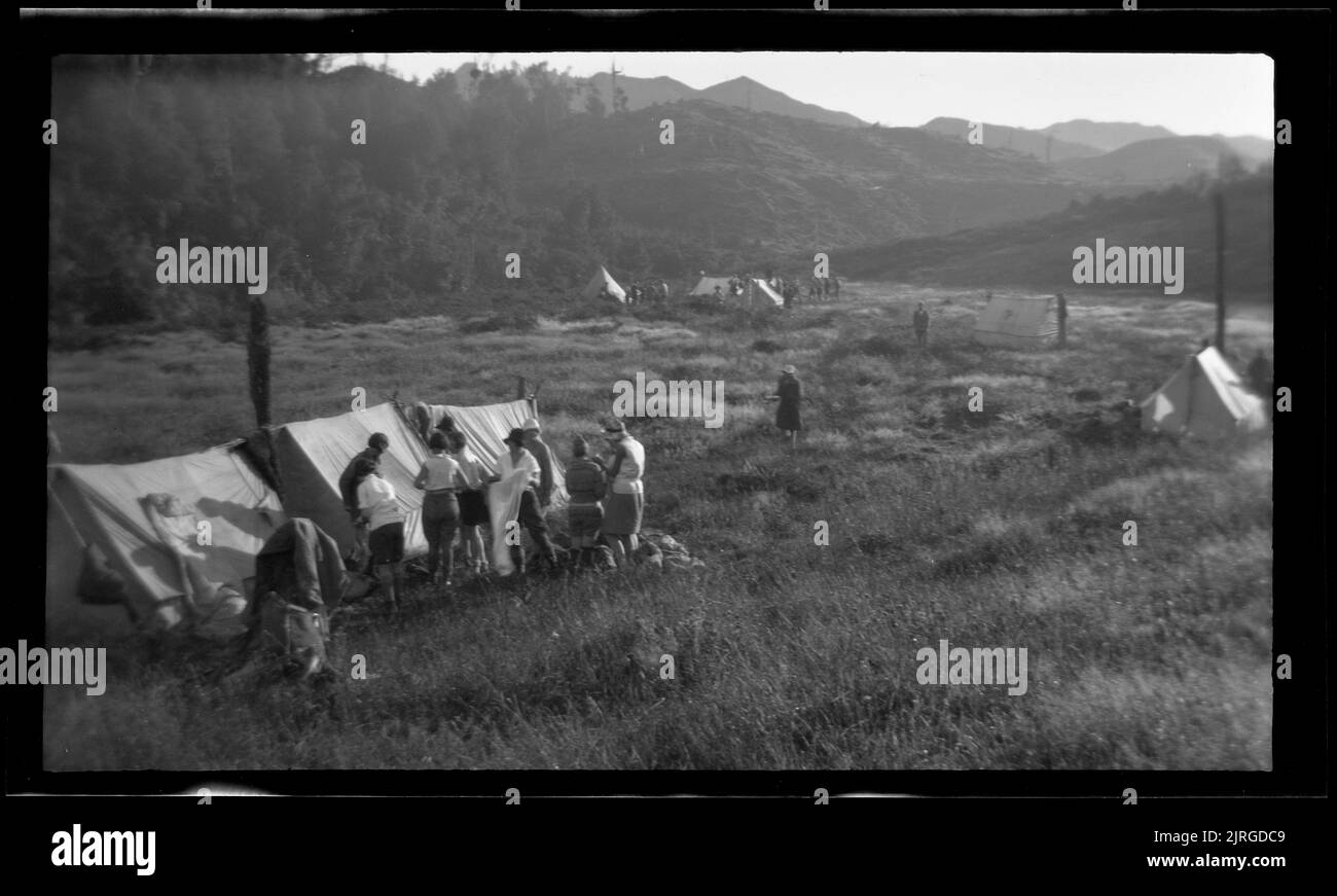 Camp site, Tararua Range: Arete Trip 1932, combined clubs ascent of Kapakapanui, 1 March 1930 - 2 March 1930, Tararua Range, by Leslie Adkin. Stock Photo