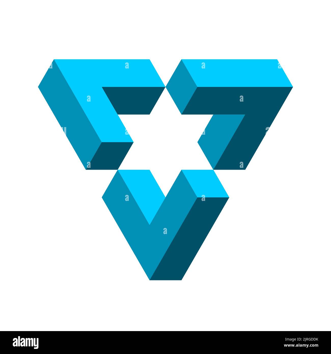 Impossible blue triangle. Penrose shape. Esher geometric object. Optical illusion visual effect. Logo template made of three symmetric parts. Vector Stock Vector