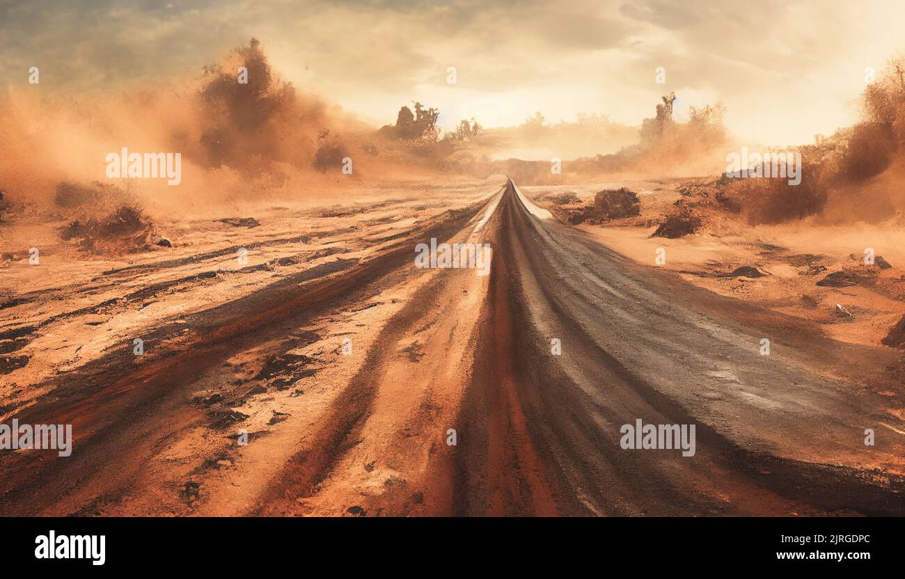 Dust sand cloud on a dusty road. Scattering trail on track from fast