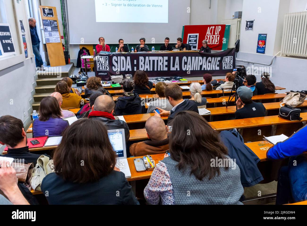 Paris, France, Act Up -Paris, Weekly Meeting, HIV  Advocates, making presentation, with local Political Candidates, in University Beaux Arts Ampitheatre, 2012 Stock Photo