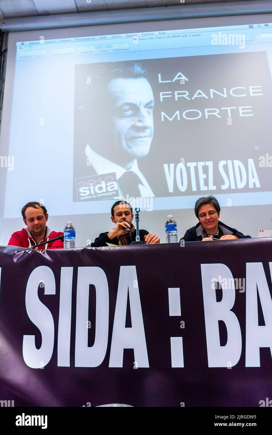 Paris, France, Act Up -Paris, Weekly Meeting, HIV  Advocates, making presentation, with local Political Candidates, in University Beaux Arts Ampitheatre, 2012 Stock Photo