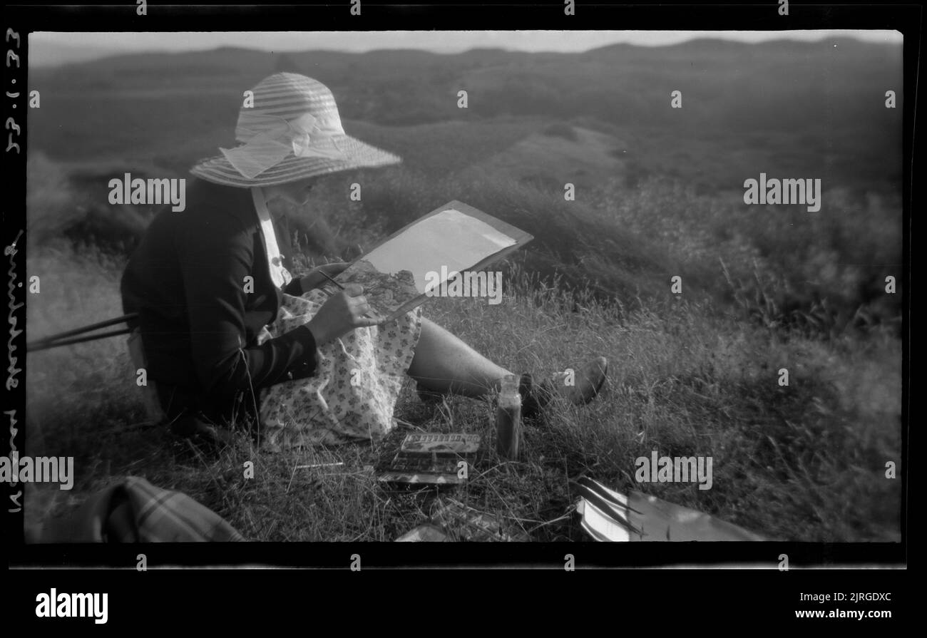 The artist near Komokorau, Western side of Lake Horowhenua 23 Jan 1933 , 23 January 1933, by Leslie Adkin. Gift of G. L. Adkin family estate, 1964. Stock Photo