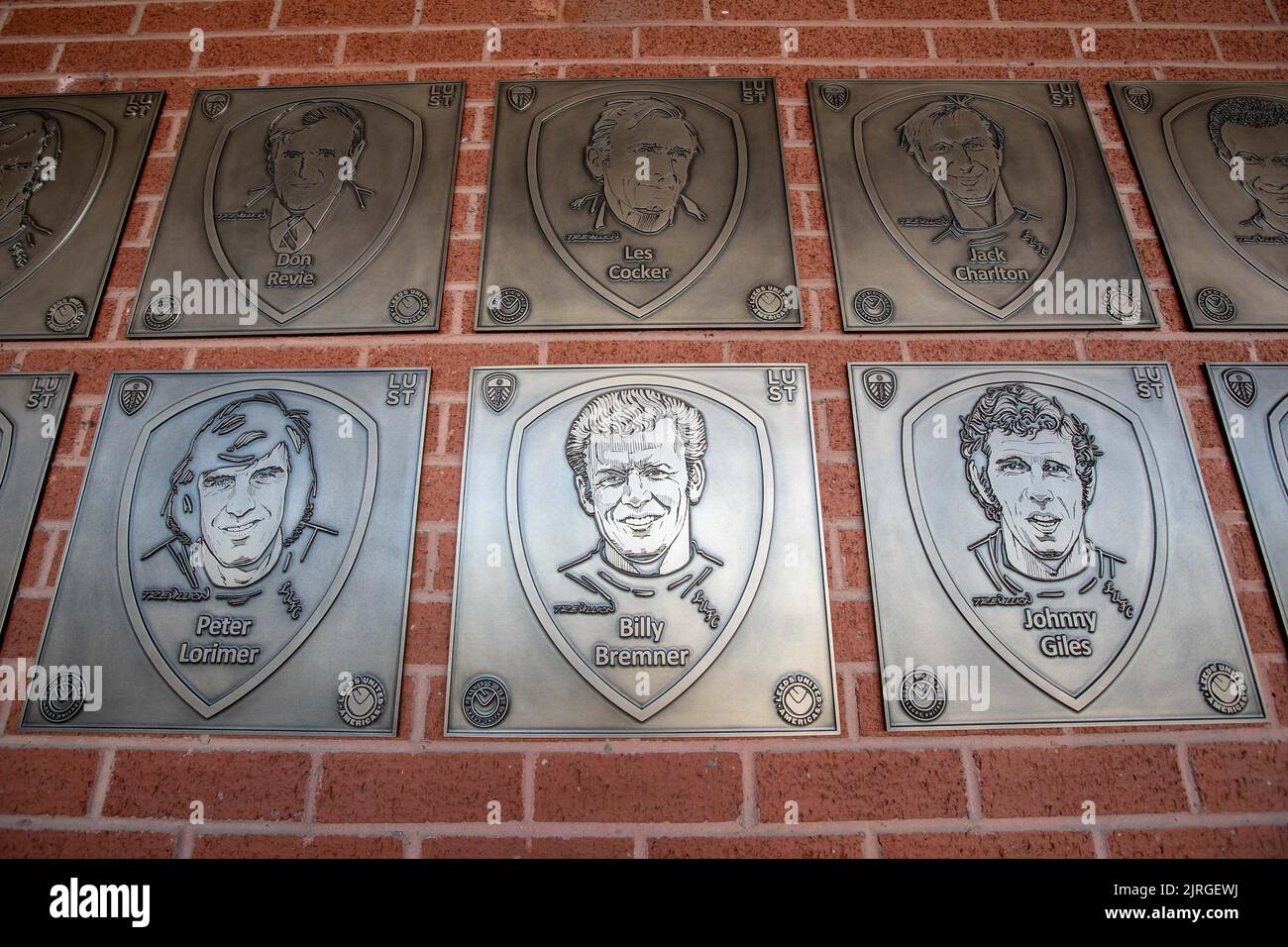 Placards with Leeds United players of the past are displayed inside Elland Road Stadium Stock