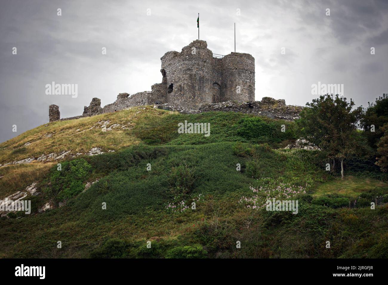 Criccieth Castle is a native Welsh castle situated on a headland in Criccieth, Gwynedd, North Wales, It was built by Llywelyn the Great in 1239. Stock Photo