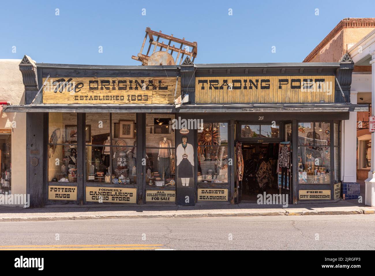 The Original Trading Post, a family owned store in downtown Santa Fe, New Mexico, with souvenirs and Native American pottery, jewelry, and clothing. Stock Photo
