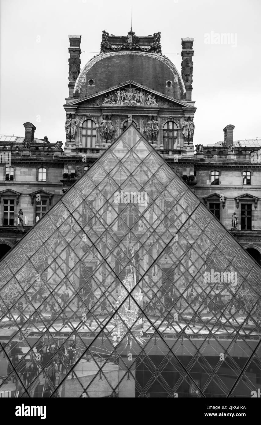Glass Pyramid in paris france in black and white Stock Photo