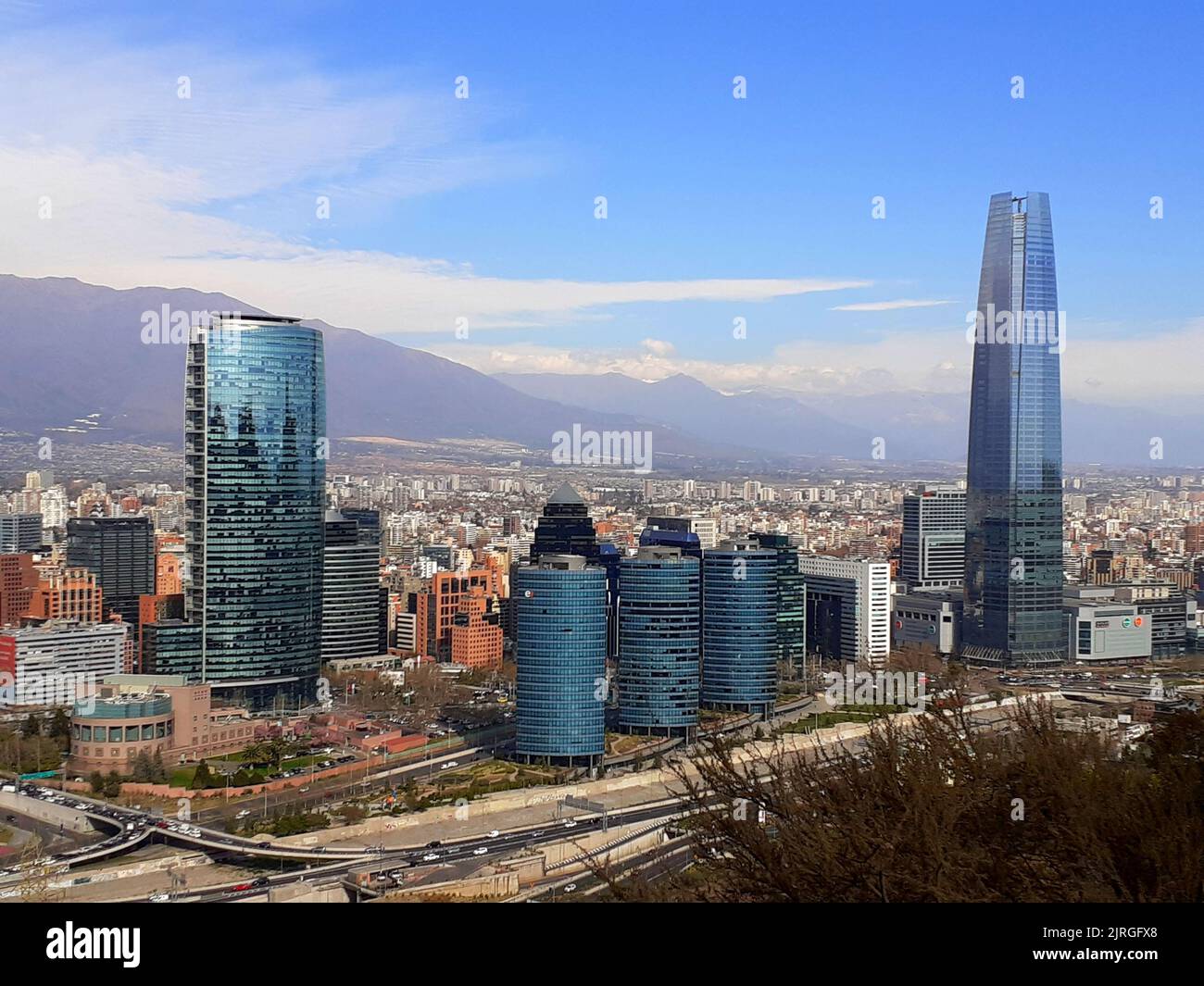 The Santiago cityscape with Titanium La Portada and Gran Torre Santiago. Chile. Stock Photo