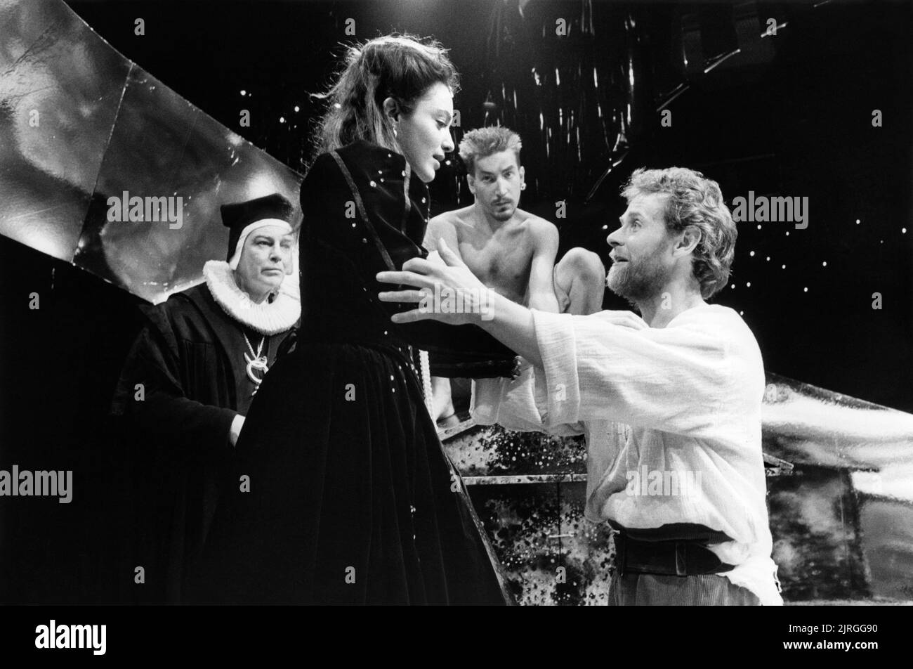 l-r: Christopher Guinee (Dee), Irina Brook (Queen Elizabeth I), Ronan Vibert (Kelly), Karl Johnson (Bruno) in MORE LIGHT by Snoo Wilson at the Bush Theatre, London W12  16/02/1987  set design: Robin Don  costumes: Sue Long  lighting: Paul Denby  directors: Simon Stokes & Snoo Wilson Stock Photo