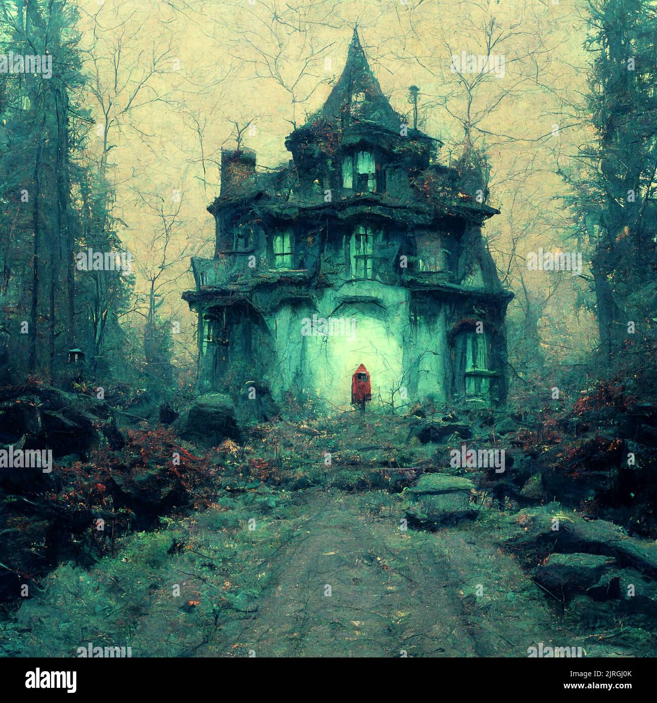Dark halloween house in the forest. Scary old castle in the woods Stock