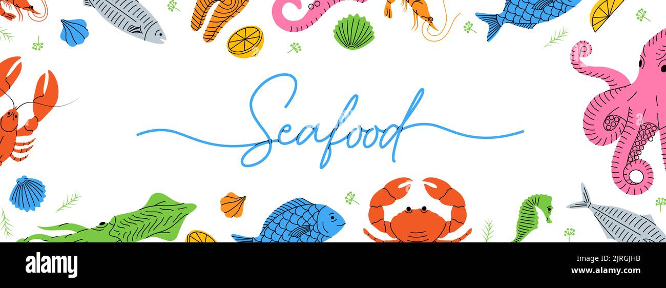 Seafood sketches in horizontal banner. Sea animal background. Vector